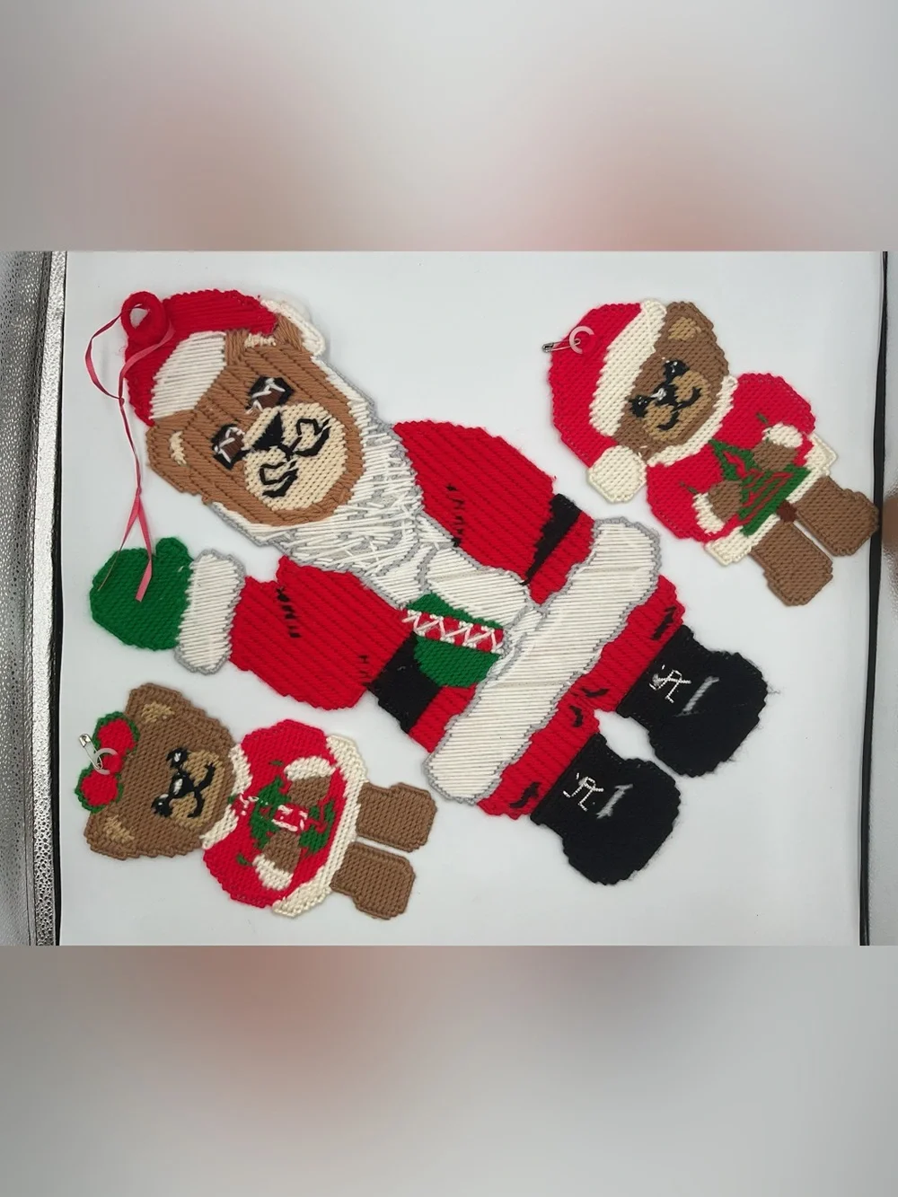 Vtg Christmas Santa Bear Wall Hanging Plastic Yarn Needlepoint Folk Art Decor